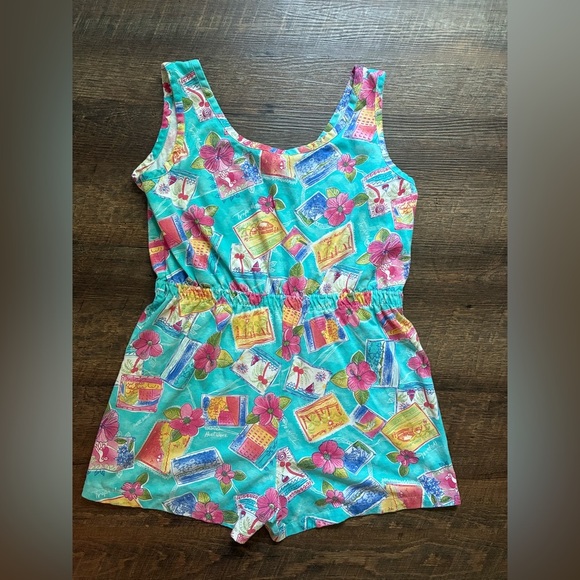 TROPICAL ESCAPE vintage romper Hawaiian tropical hotel hibiscus romper sz M EUC - Picture 2 of 13